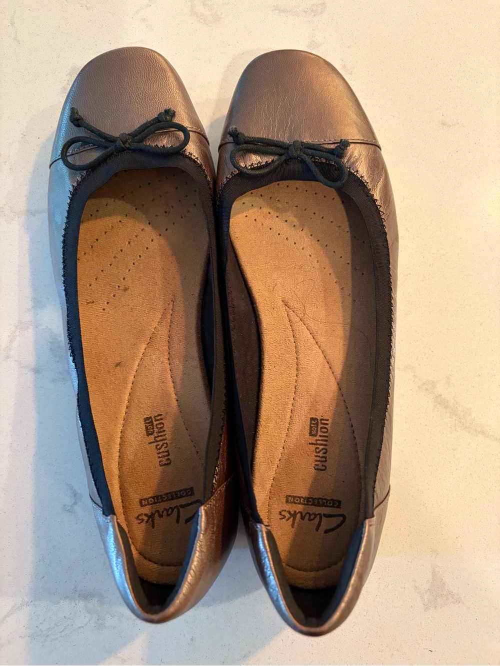 Clarks Bronze Metallic Slip-On Ballet Flats with Bow Trim, 8 1/2M